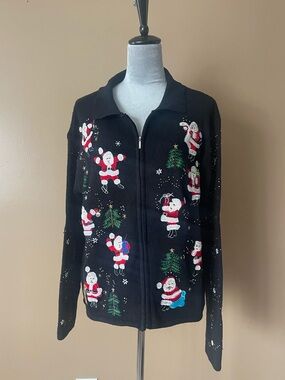 Cue Black Knit Sweater with Red and Green 'HO HO HO' Embroidery size XL